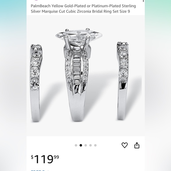 Platinum-Plated 925 Sterling Silver Marquise Cut Cubic Zirconia Bridal Ring Set - Picture 2 of 8